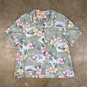 Havana Jack’s Café Hawaiian Shirt Women’s XL Green Floral Boats Tropical‎